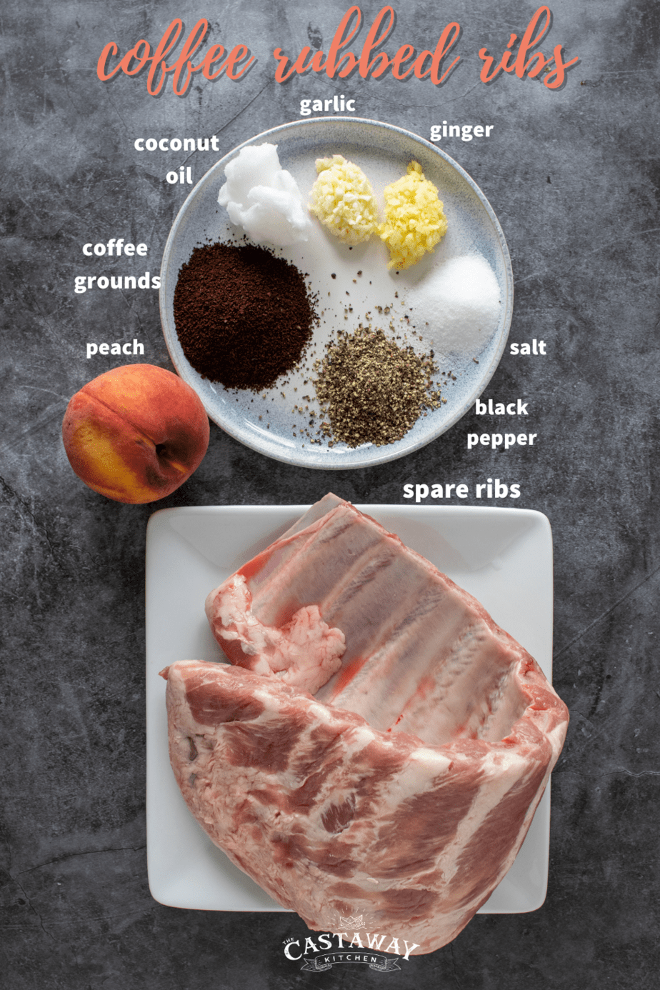 coffee rubbed ribs ingredients laid out on table: garlic, ginger, salt, black pepper, peach, coffee grounds, coconut oil, spare ribs