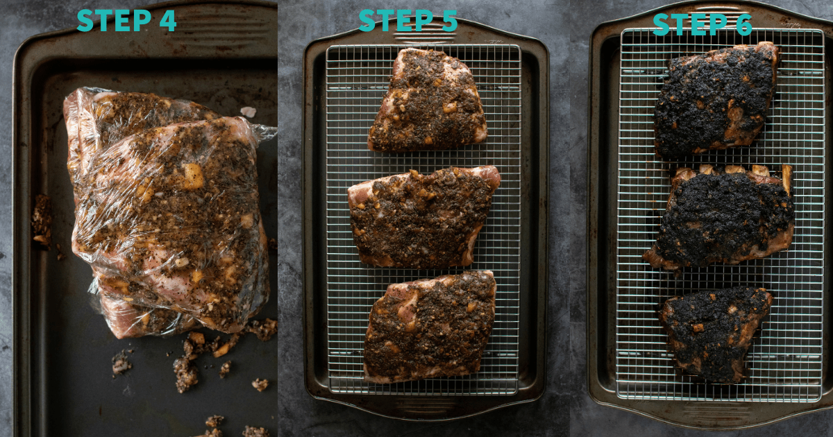 cooking coffee rubbed ribs steps 4-6, 4: ribs wrapped in plastic 
5: 3 spare ribs laid out on baking tray over a roasting rack  6: 3 spare ribs out of the broiler with blackened coffee on the outside