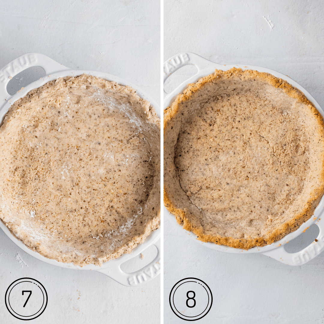 hazelnut apple pie crust in a white staub pan 