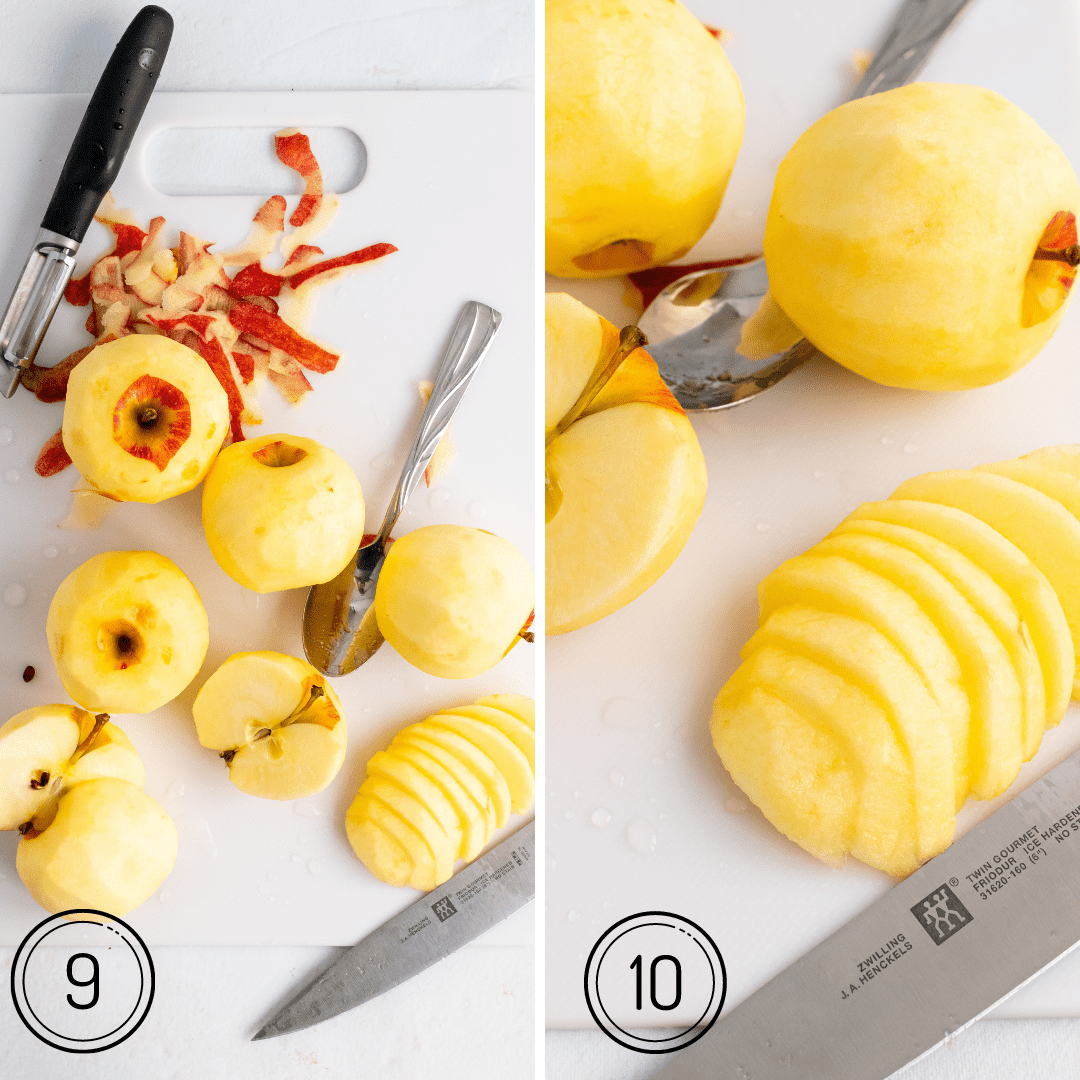 red apples peeled, cored and sliced for apple pie 