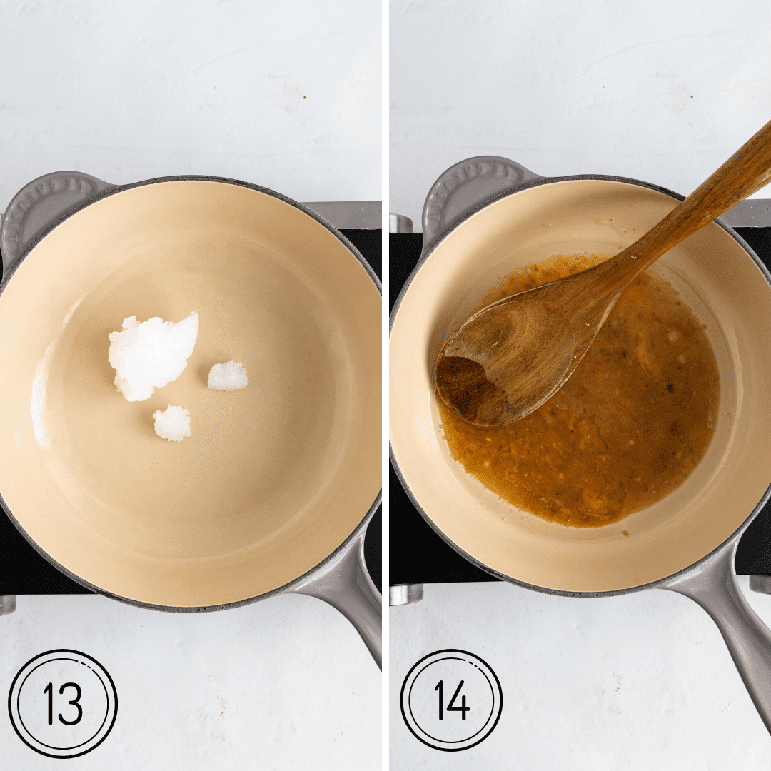 melting coconut and date syrup in pan