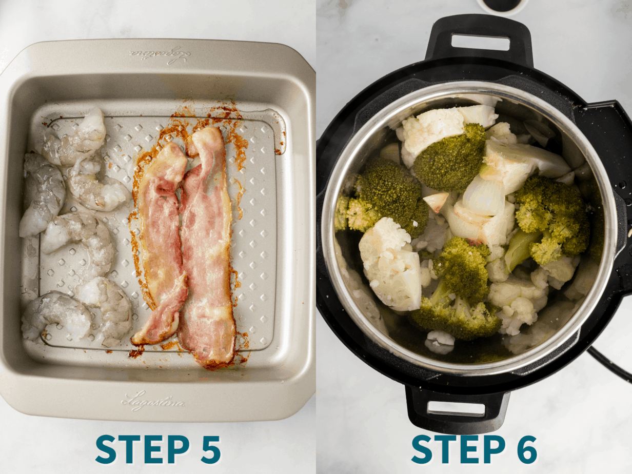 aip breakfast bowl step 5 and 6 
step 5; shrimps on baking sheet with partially cooked bacon 
step 6: pressure cooker pot with soft finished veggies 