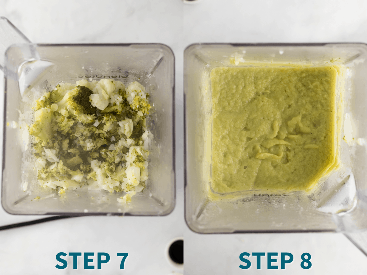 aip breakfast bowl steps 7 & 8;
process shots of pureeing the veggies- step 7 pic; partially chopped veggies
step 8 pic; smooth light green puree