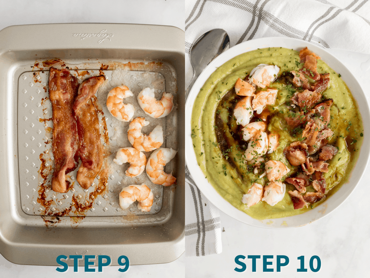aip breakfast bowl step 9 & 10
9; crispy bacon and cooked shrimp on sheet pan 
10; finished aip breakfast bowl; chuncks of shrimp and bits of bacon over a smooth green veggie puree garnished with coconut aminos and parsley 