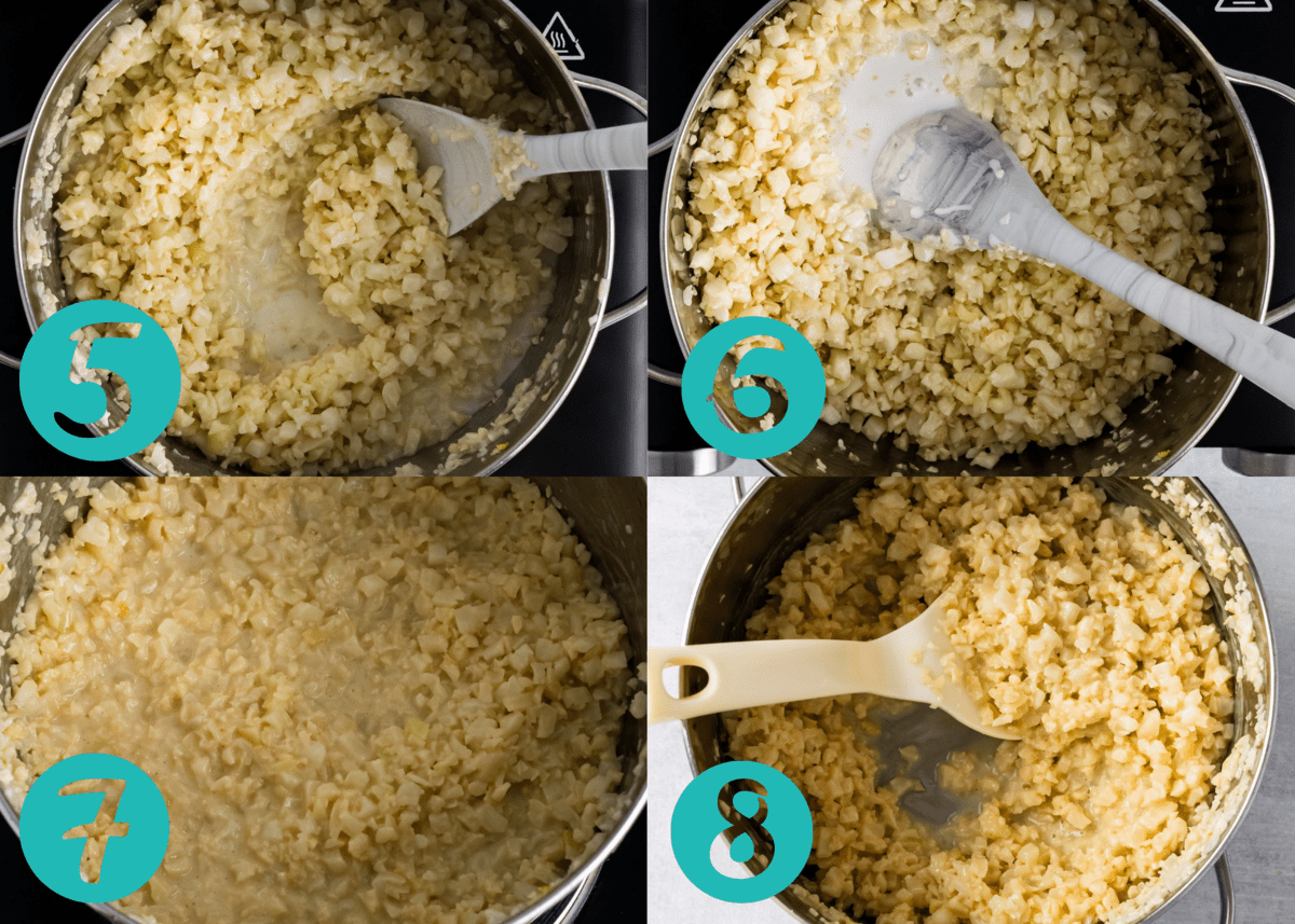 pot with cauliflower rice and liquid,  pot with spoon and cauliflower rice, cooked sticky cauliflower rice with spatula