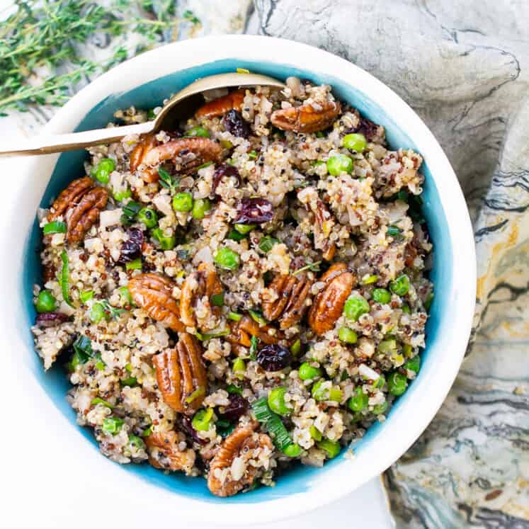 quinoa pilaf with cauliflower, leeks, pecans and cranberries