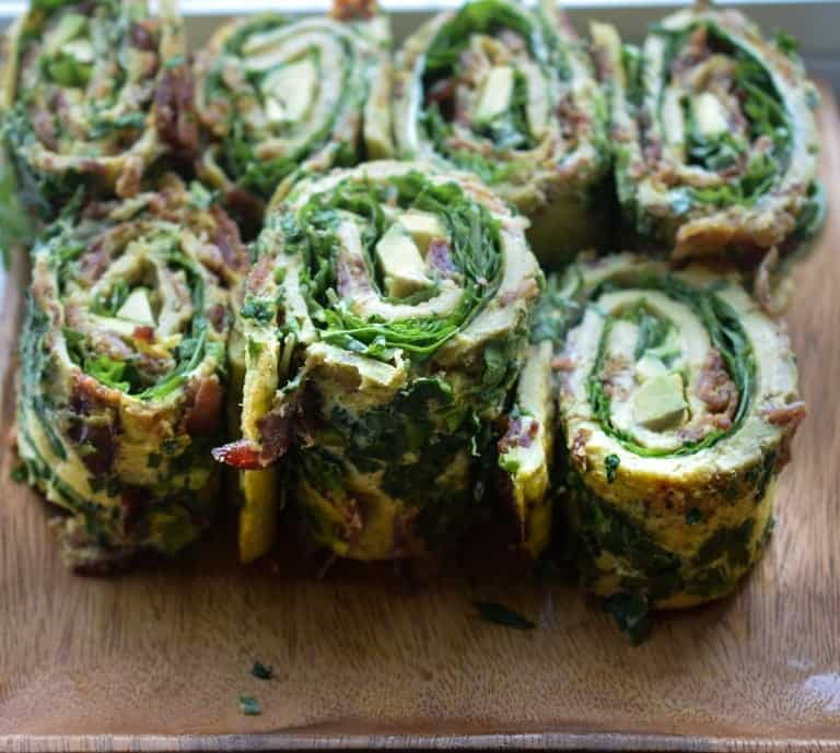 egg rollups with bacon, avocado, and greens