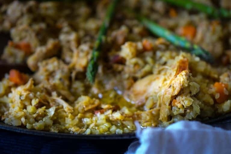 close up of skillet with cauliflower rice