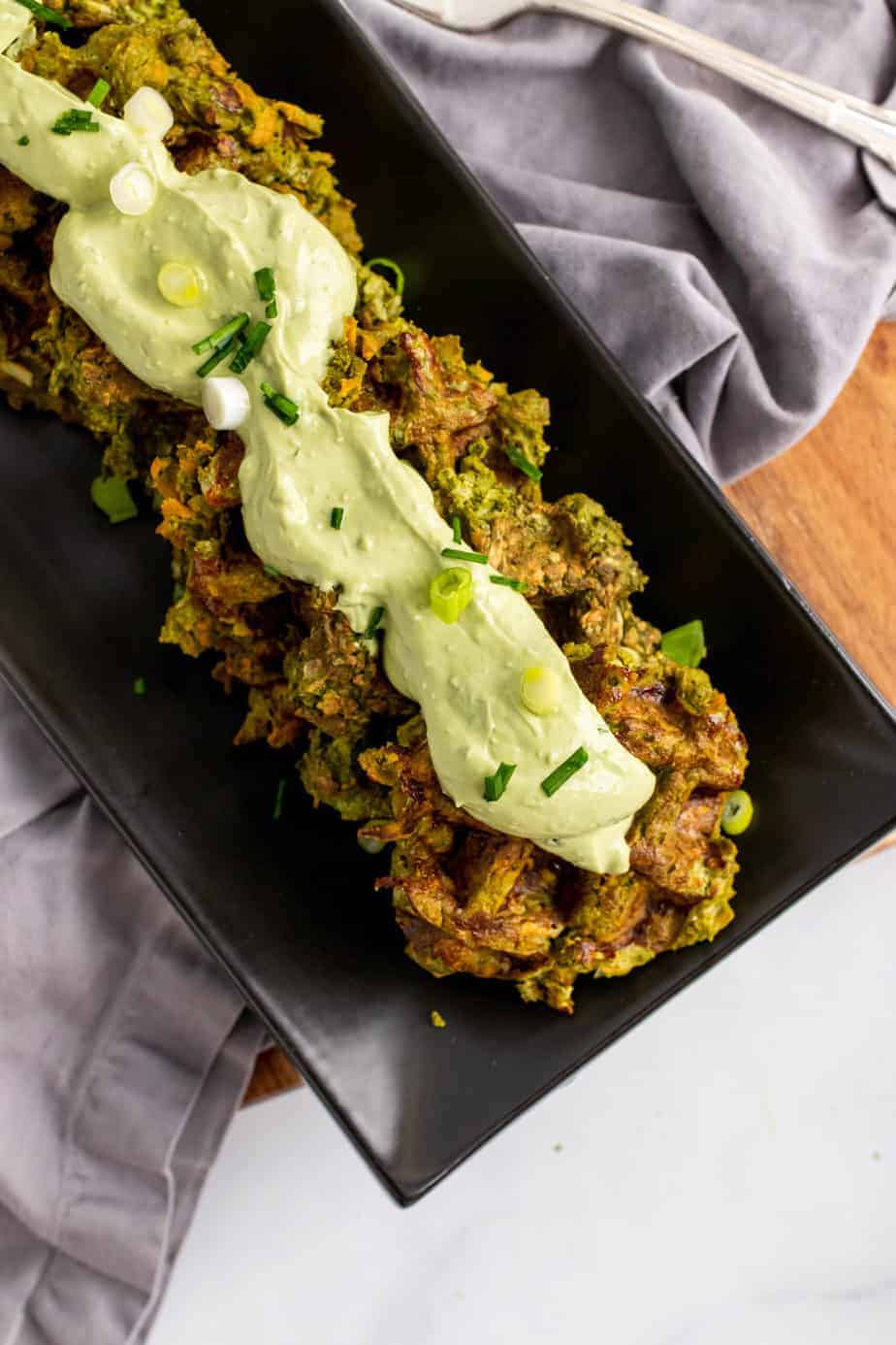 sweet potato waffles topped with cilantro aioli 