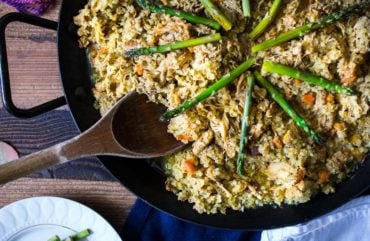 skillet with rice and asparagus