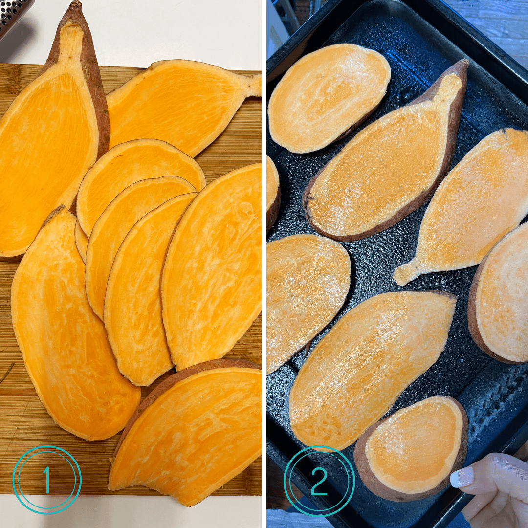 step one and two of aip sweet potato toast, slice and roast the potato