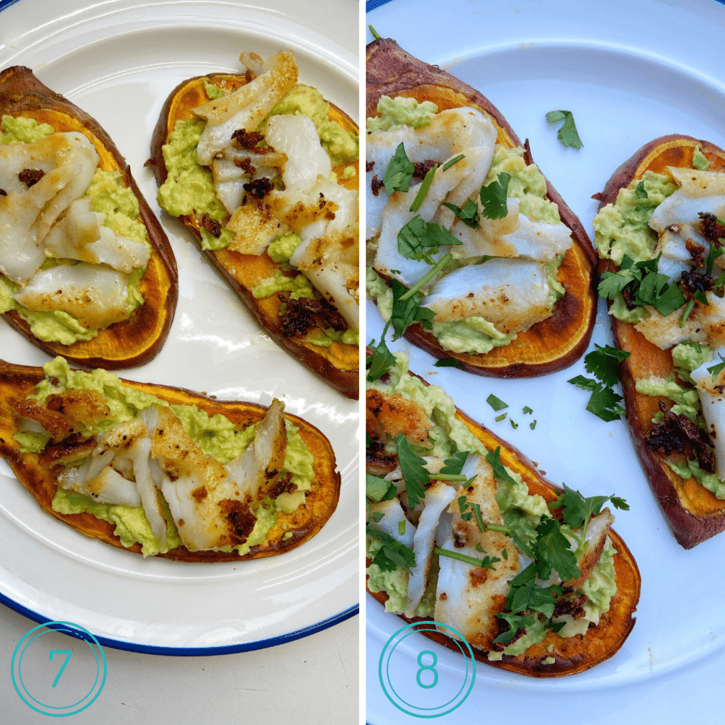 finishing off aip sweet potato toast recipe, top with mahi and cilantro