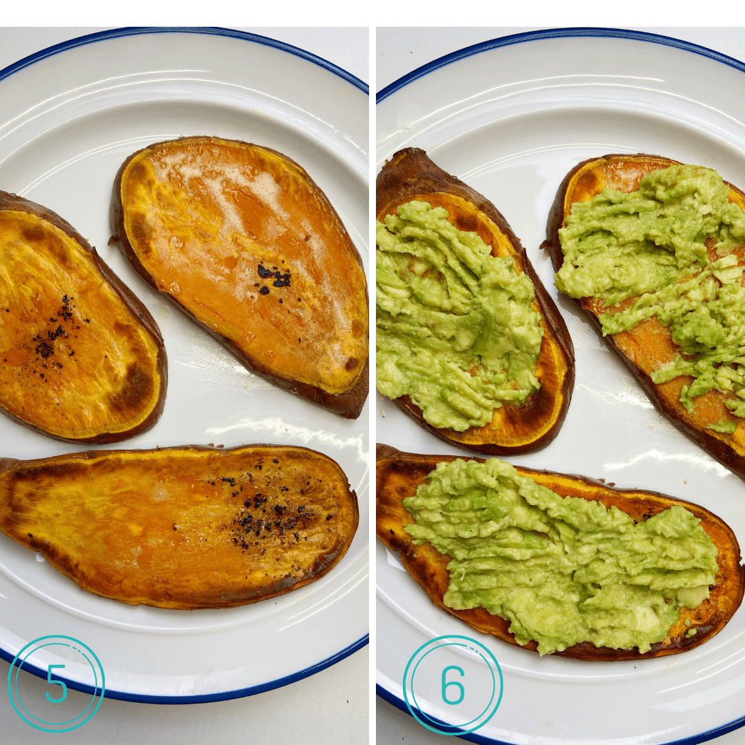 step four and five of recipe, sweet potato toast and topped with avocado