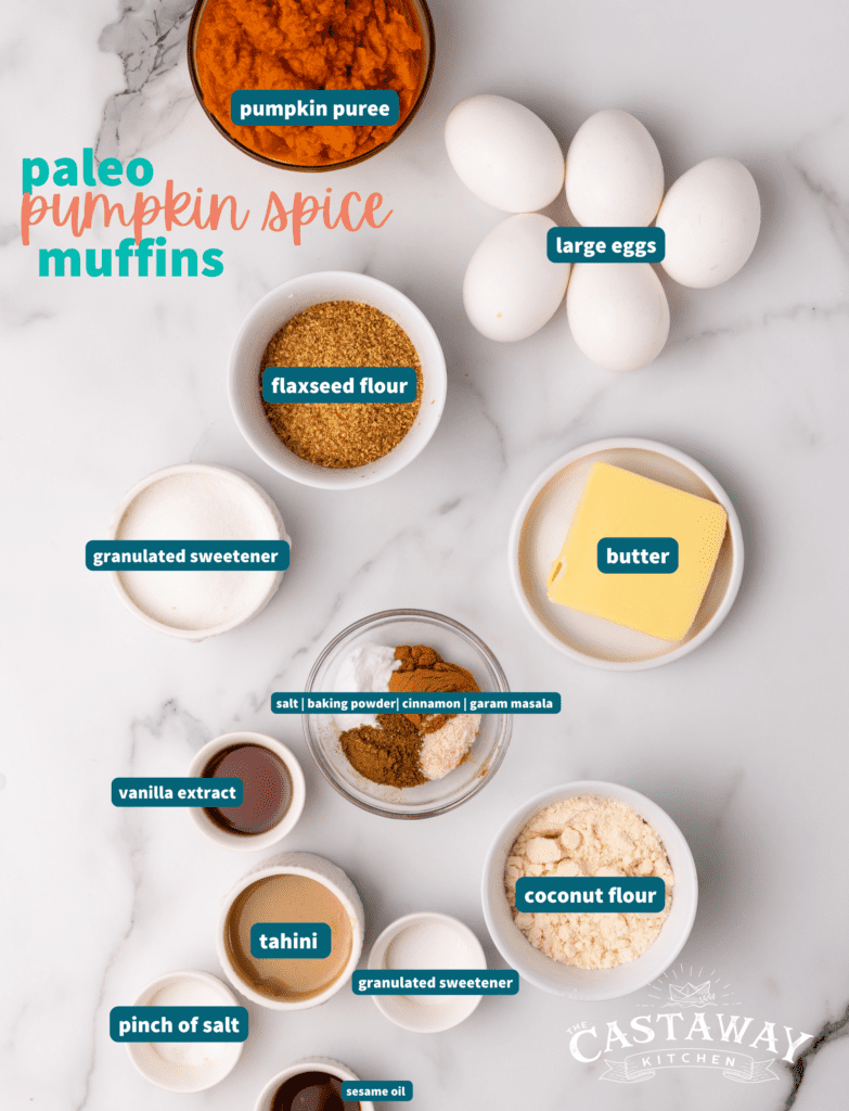ingredients on nut free paleo muffins on a marble counter