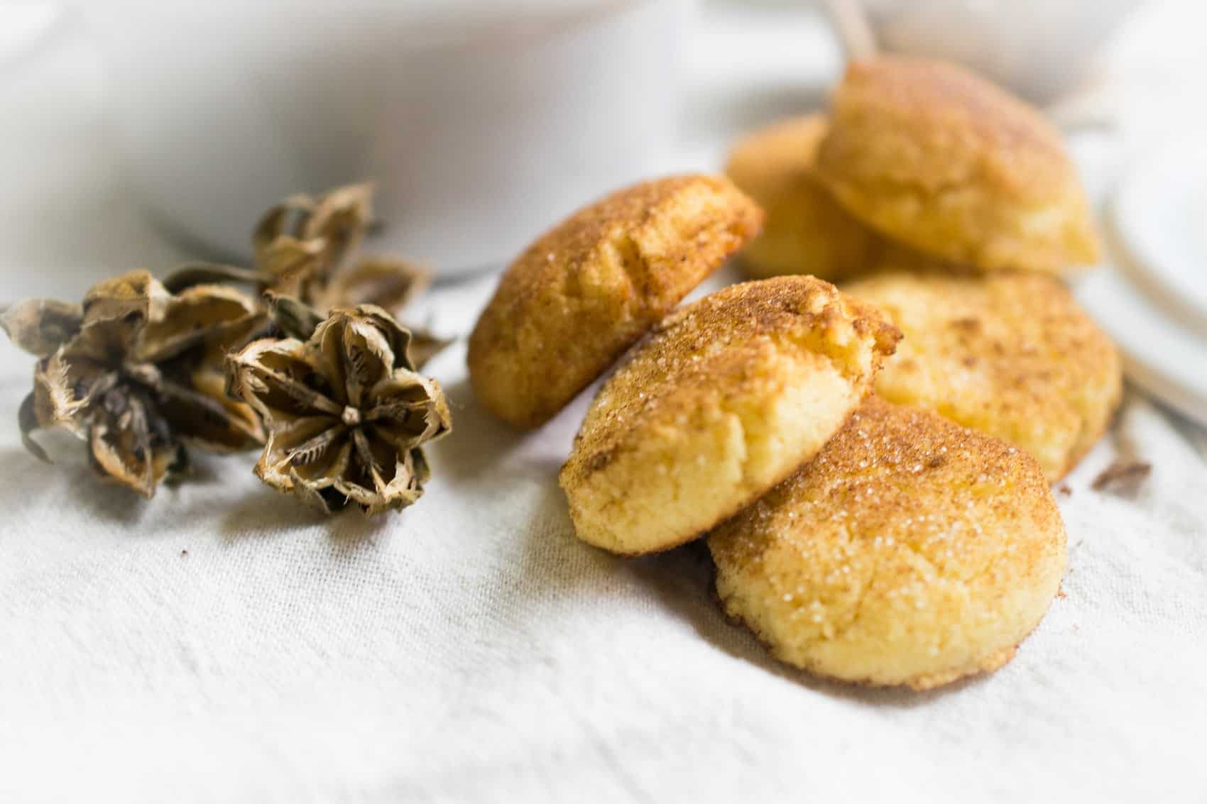 keto nut free snickerdoodle cookies on a white napkin with dried flowers 