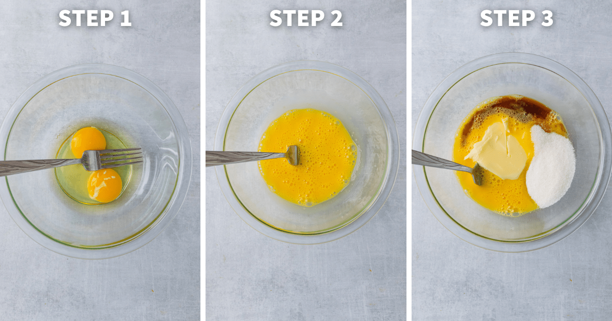 keto snickerdoodle baking steps 1-3 mixing the egg then wet ingredients 
