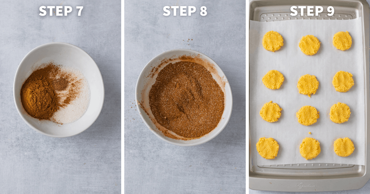 paleo snickerdoodle cookies steps 7-9. dusting in cinnamon mix - cookies on a sheet pan 