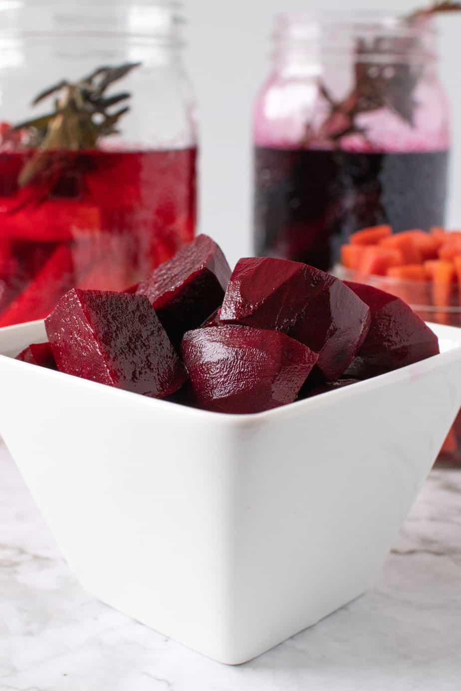 Chopped Beets in Jar, Chopped Carrots in Blender Jar. Beets with