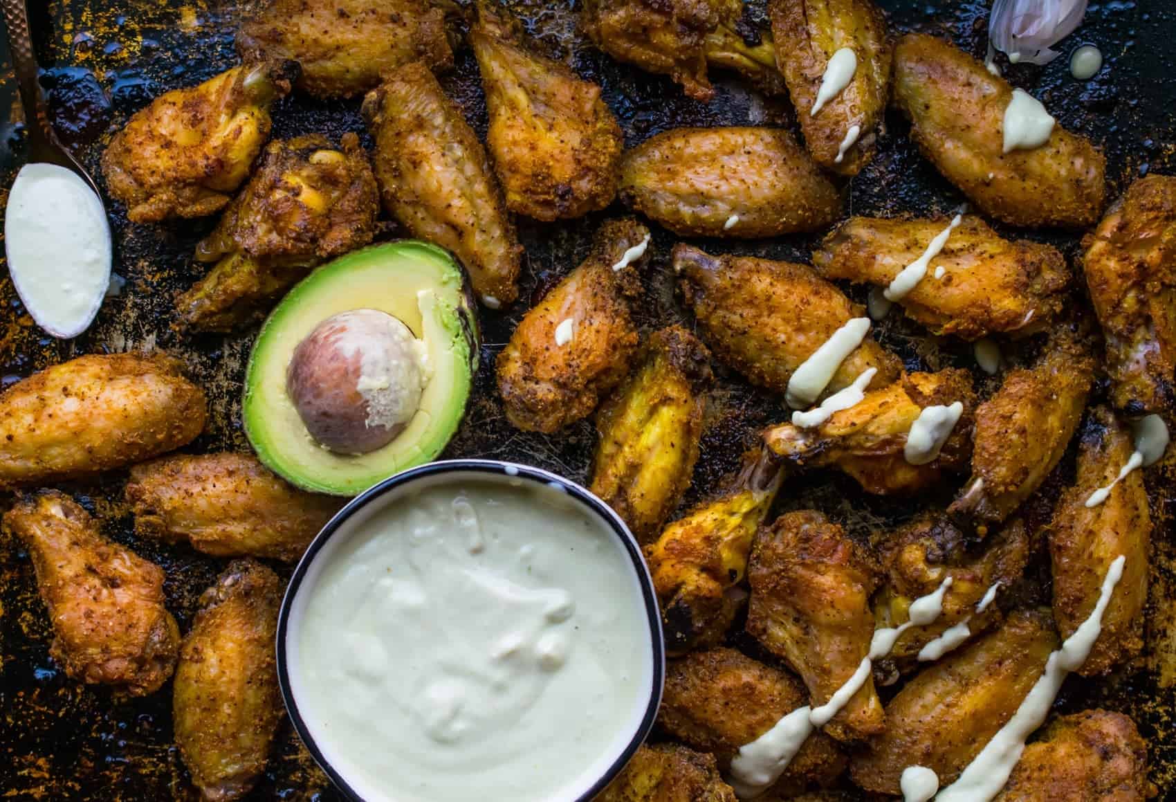 Crispy Keto Wings with Creamy Garlic Sauce (Baked, Paleo, Whole30