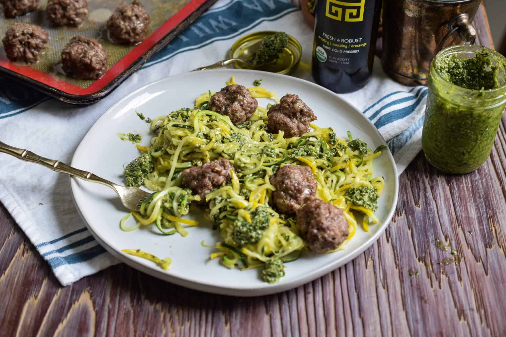 Whole30 Turkey Meatballs with Pesto Noodles (Paleo, Keto, Nut Free)