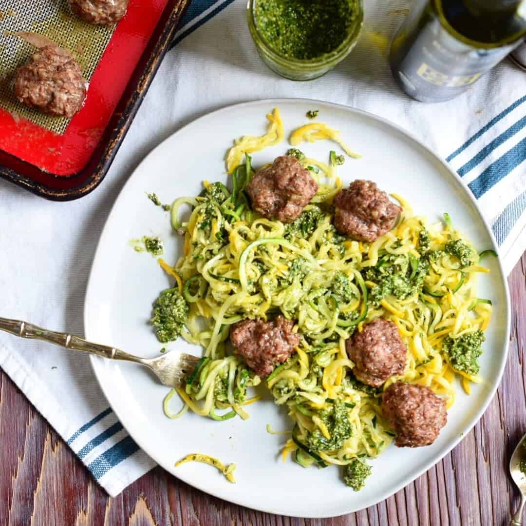 Whole30 Turkey Meatballs with Pesto Noodles (Paleo, Keto, Nut Free)