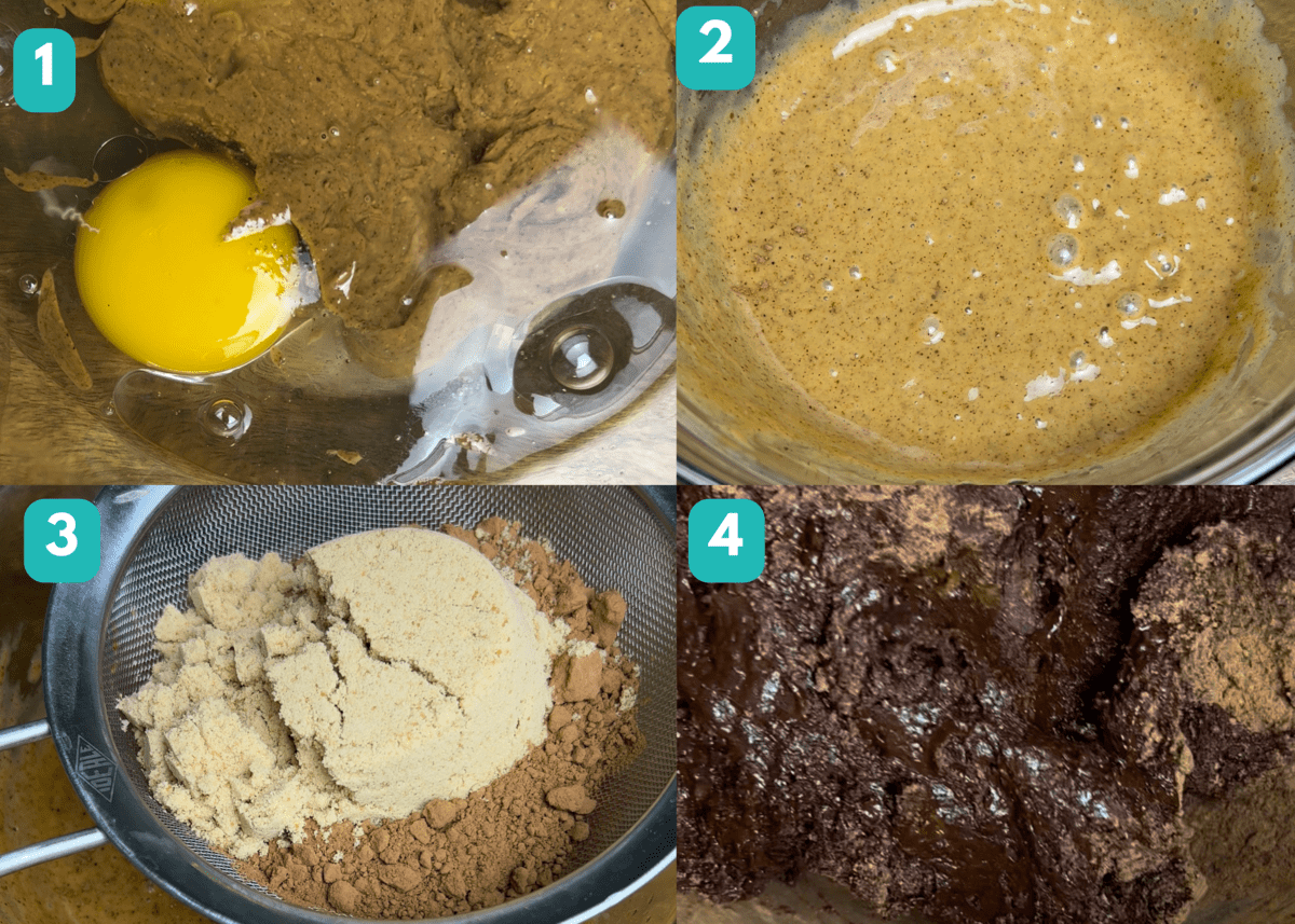 four pictures of mixing batter for flourless muffins 