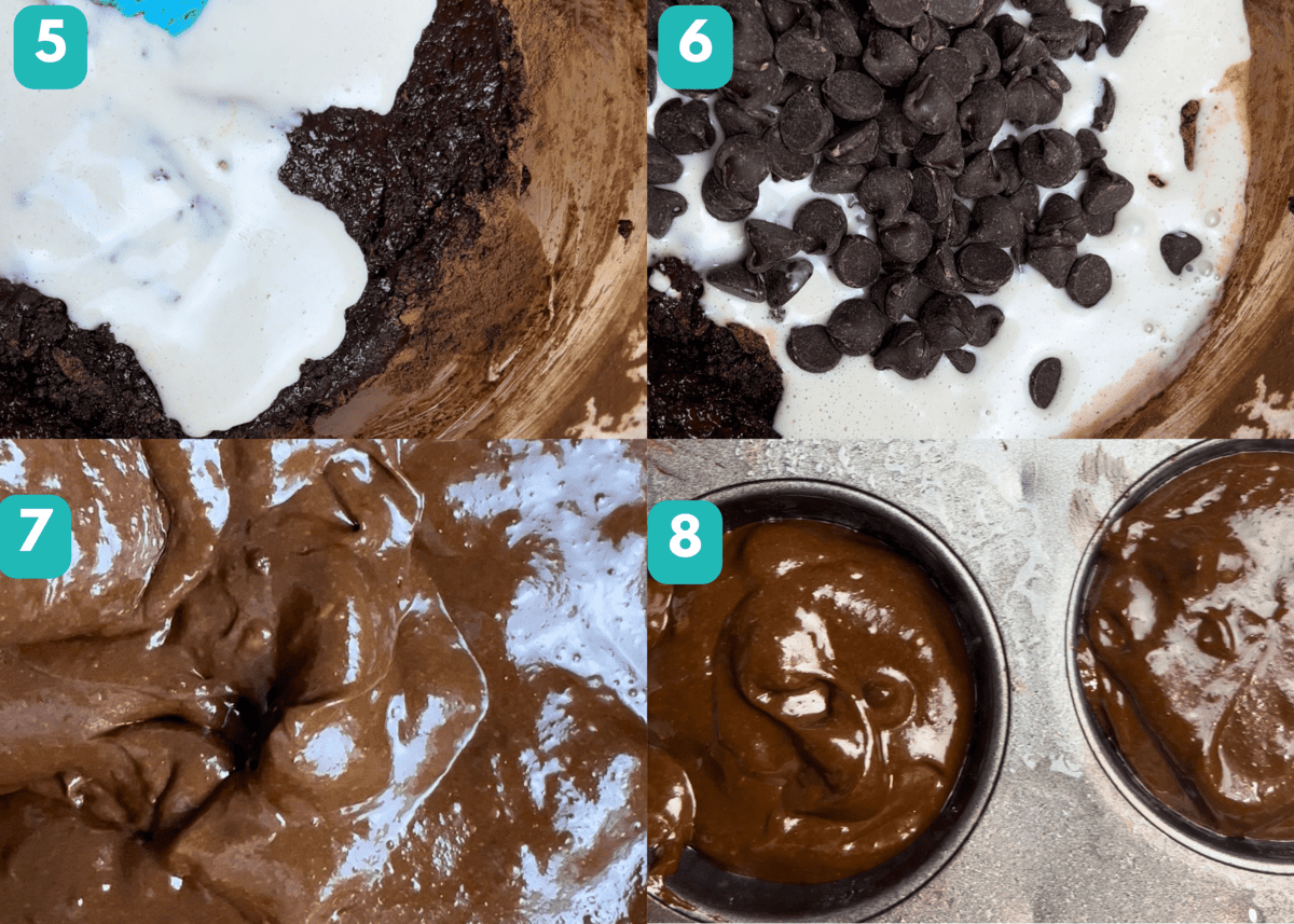 four pictures of mixing batter for flourless muffins 