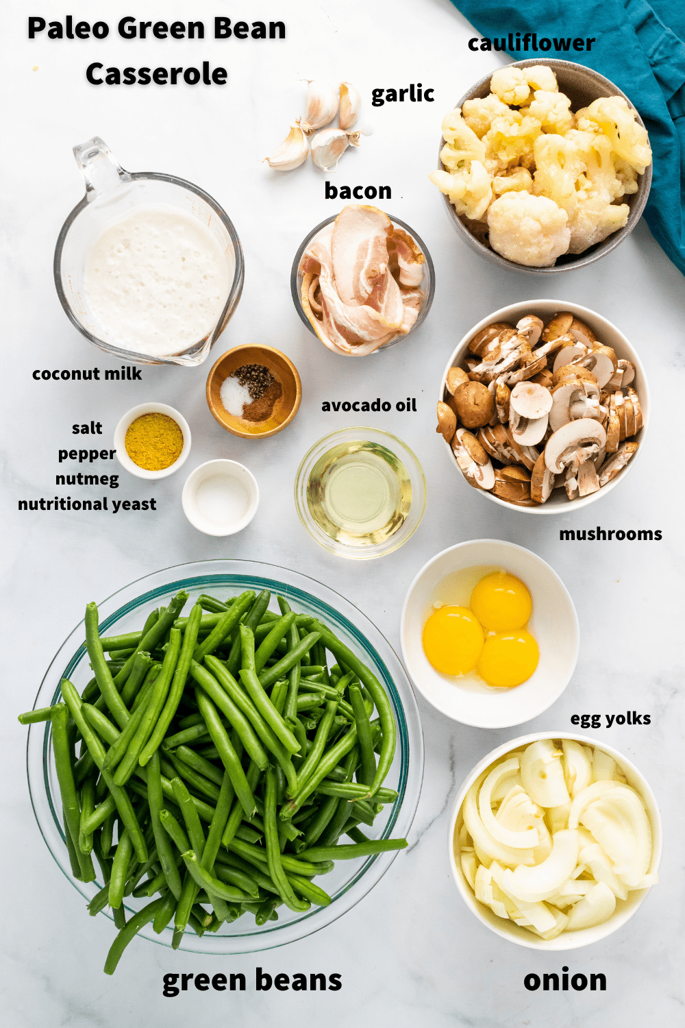 healthy green bean casserole ingredients all measured out in ramekins