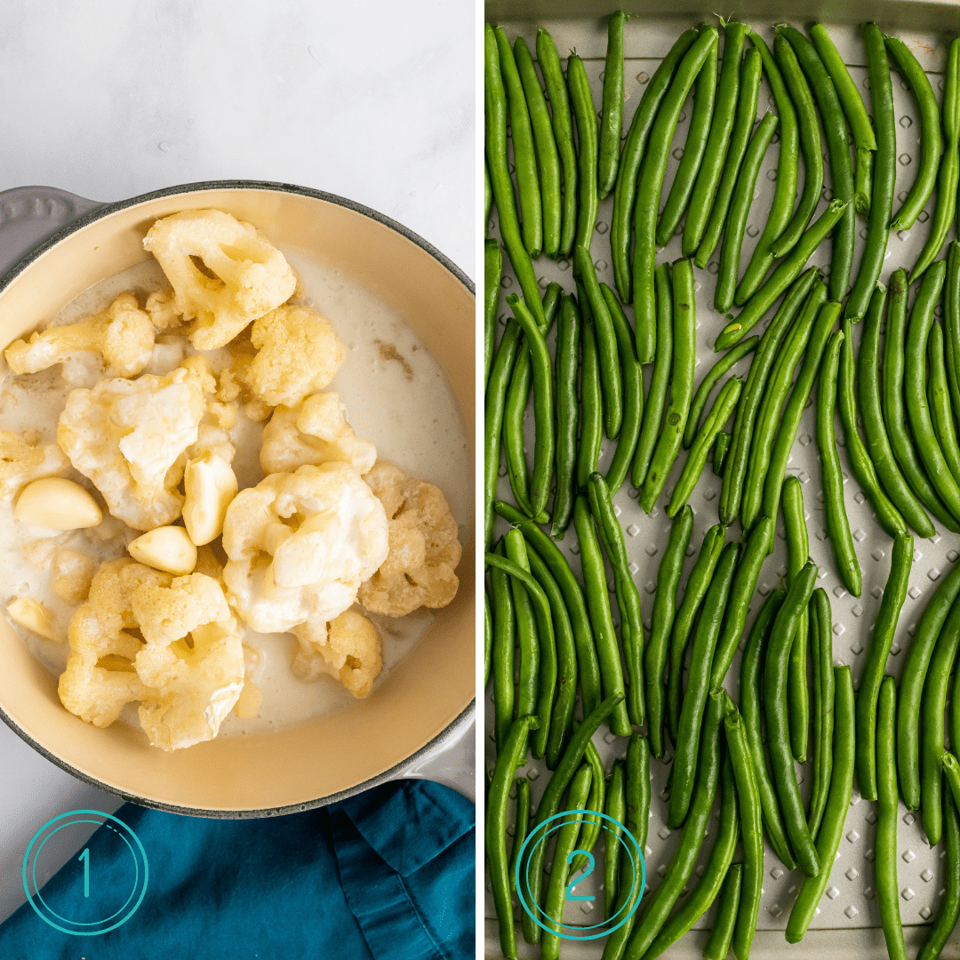 steps one and two of cooking green bean casserole. steaming cauliflower and roasting green beans