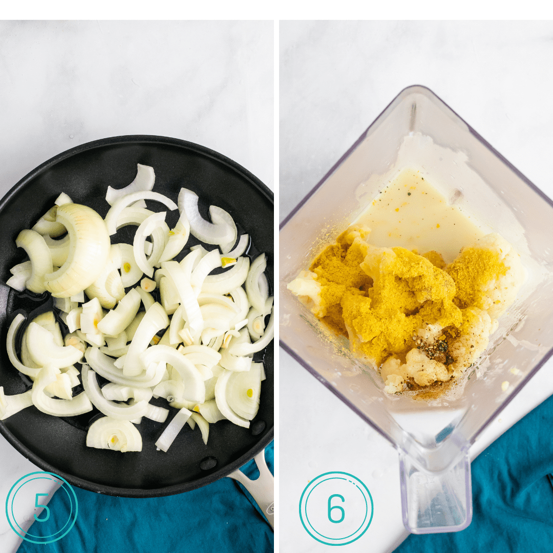 onion in a skillet and steamed cauliflower with seasonings in a blender 