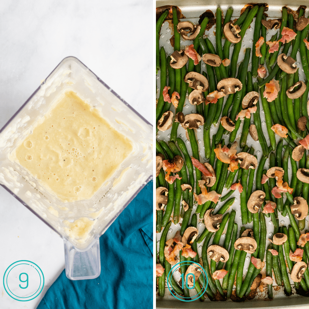 cauliflower cream in a blender and roasted green beans with bacon and mushrooms on a sheet pan 