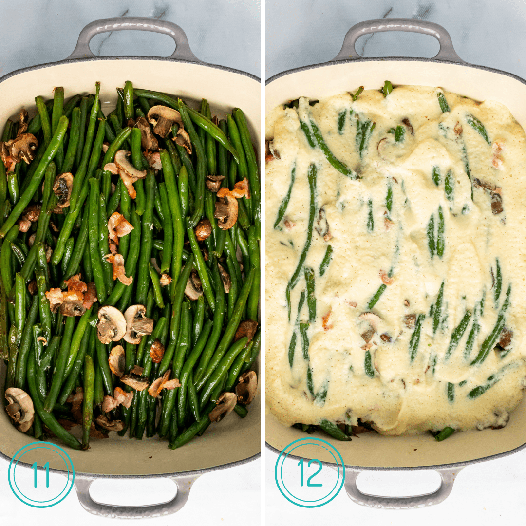 Green beans with bacon and mushrooms in a casserole dish and then covered in cream sauce 