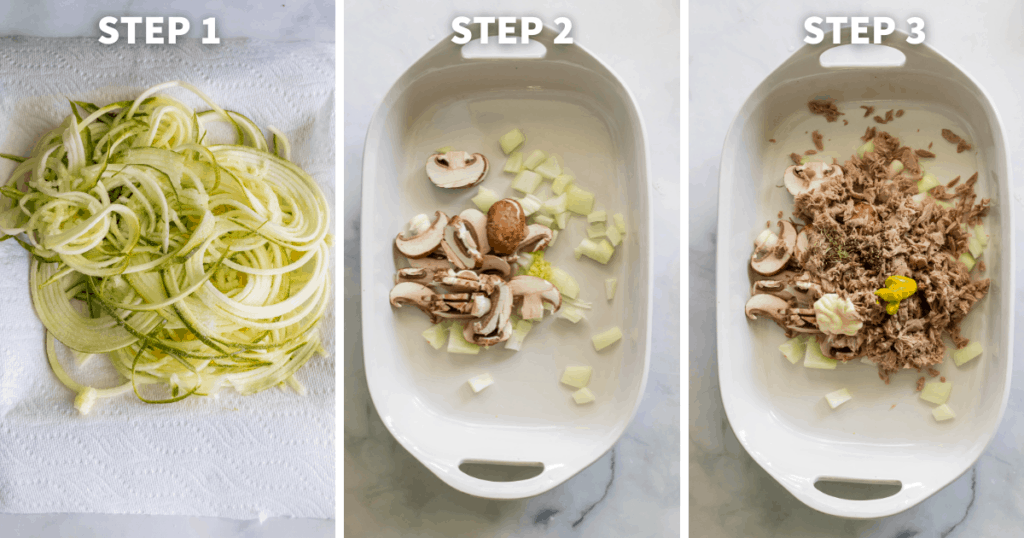 Step by step instructions for Paleo Tuna Zoodle Casserole.