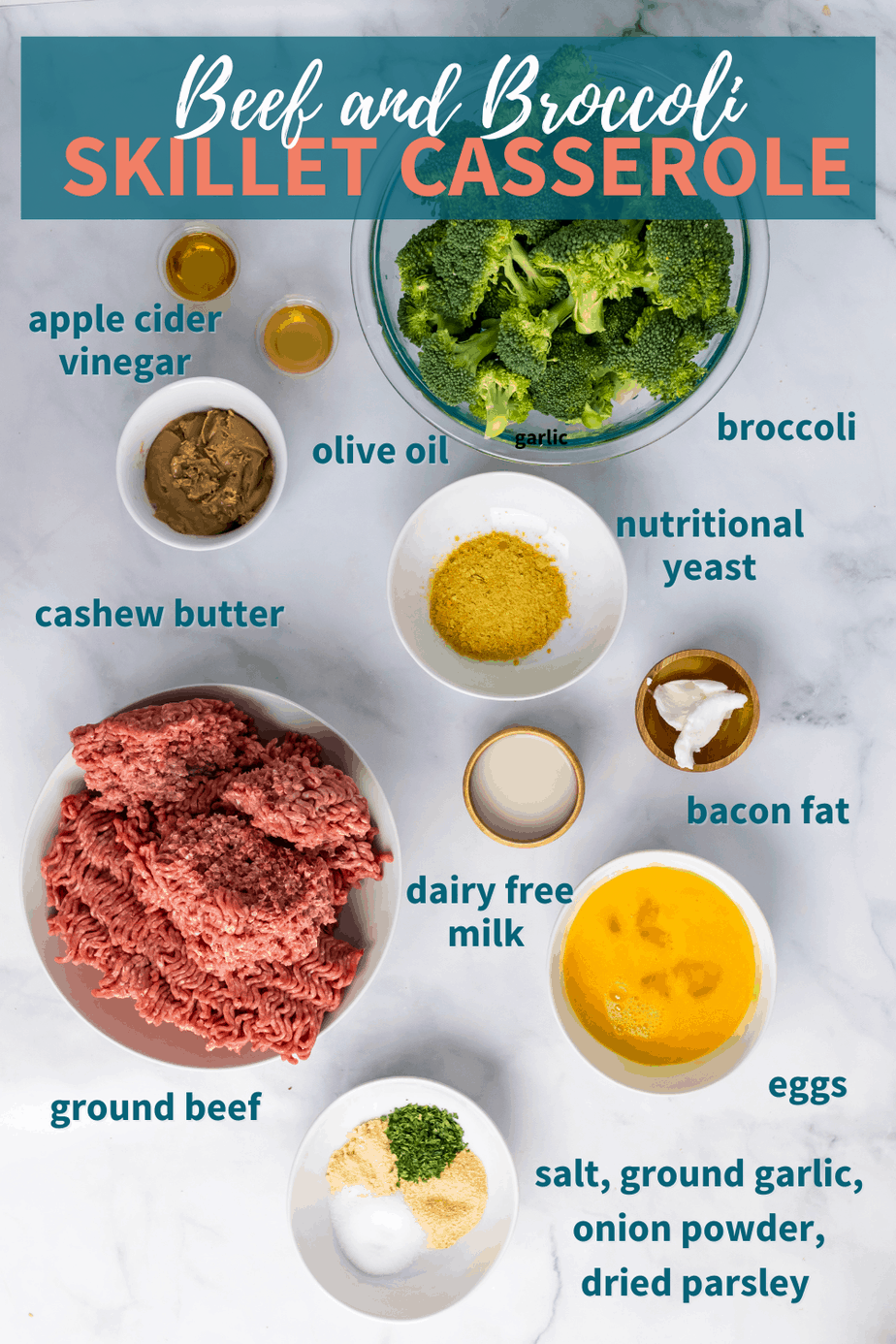 Ingredients for Beef and Broccoli Skillet Casserole laid out on a marble countertop.