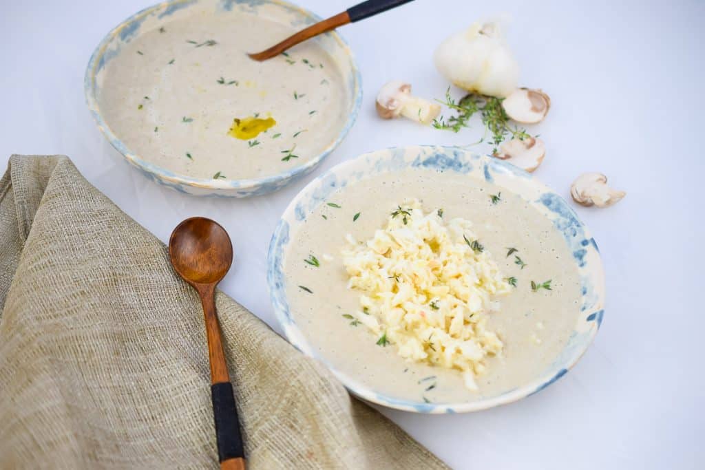 Dairy Free Creamy Mushroom and Crab Bisque with Tahini