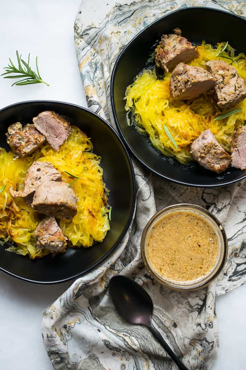 Ginger Rosemary Braised Pork Loin Medallions Over Roasted Spaghetti Squash | The Castaway Kitchen