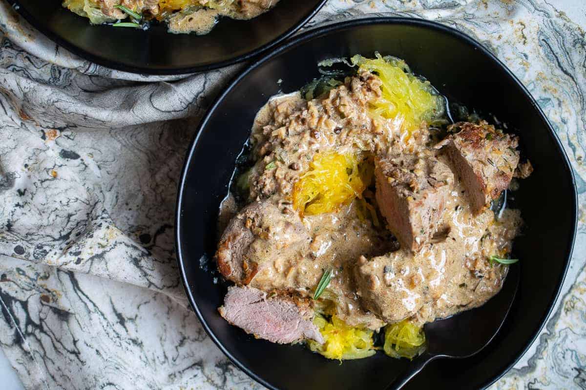 Ginger Rosemary Braised Pork Loin Medallions Over Roasted Spaghetti Squash | The Castaway Kitchen