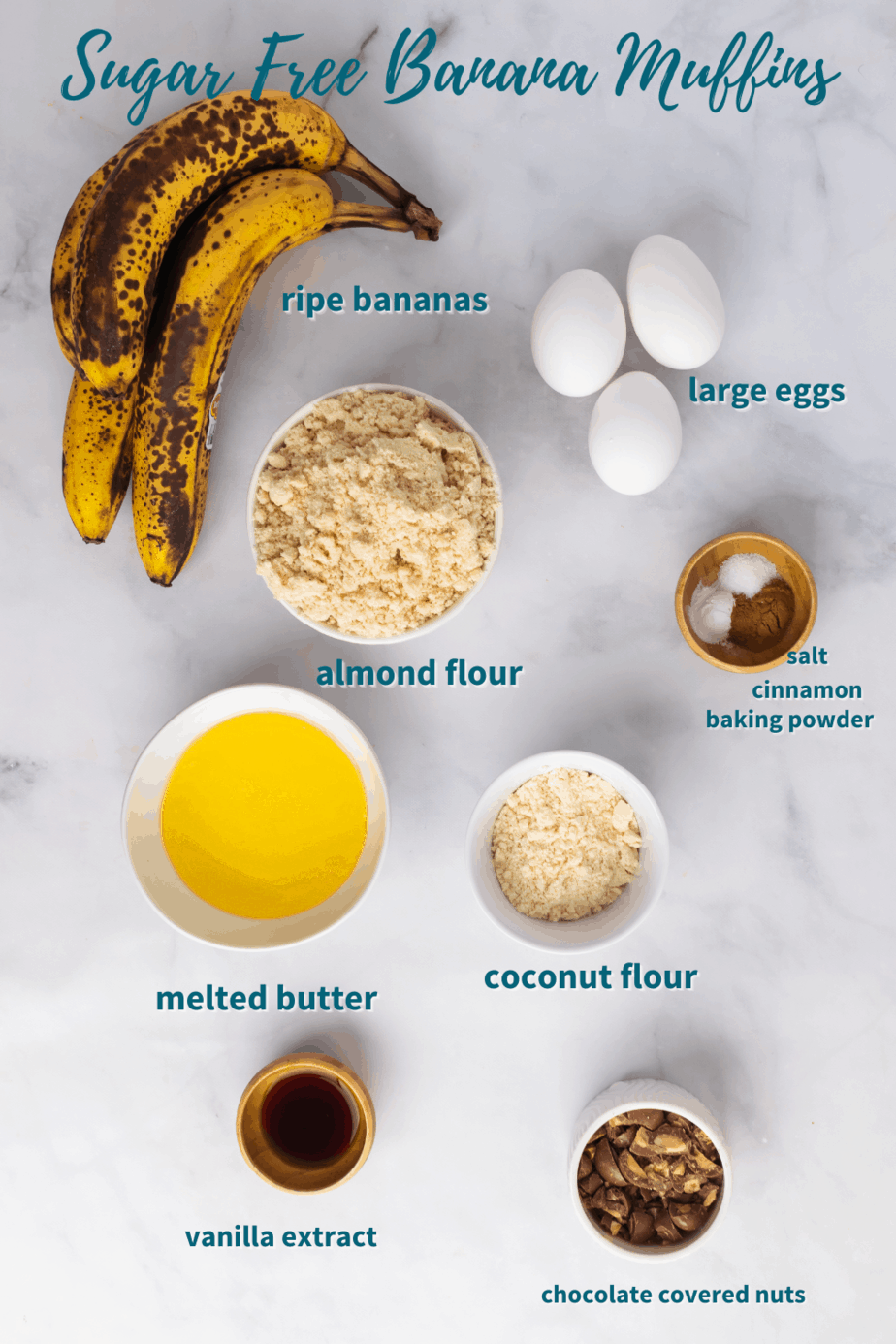 paleo banana muffins ingredients layed out on a grey background