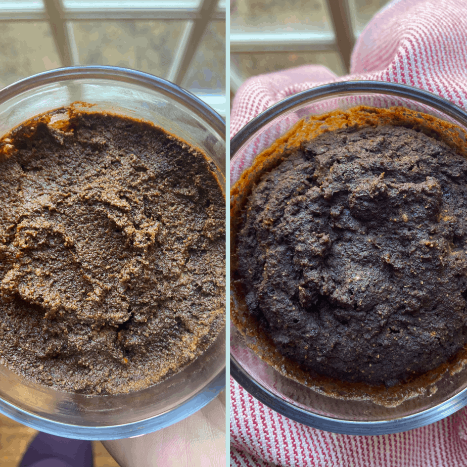 Before and after microwaving AIP Brownie Mug Cake.