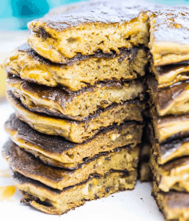 A stack of 7 fluffy plantain pancakes.