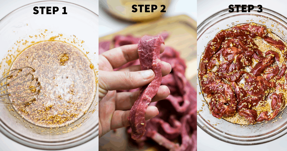 cooking whole30 korean beef steps 1-3
1-marinade ingredients in bowl with whisk 
2- hand holding a half inch thick slice of steak
3- steak mixed up with marinade in bowl