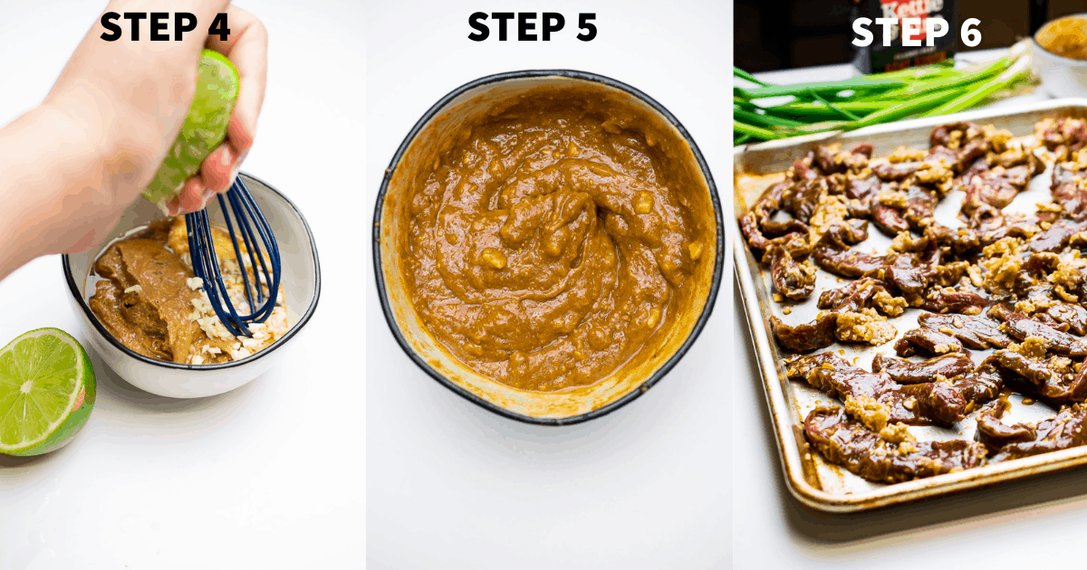 cooking whole30 korean beef steps 4-6
4- hand squeezing lime into a small bowl with sauce ingredients and whisk
5-close up of sauce all mixed up, brown and smooth-ish
6-beef strips spread out on sheet pan