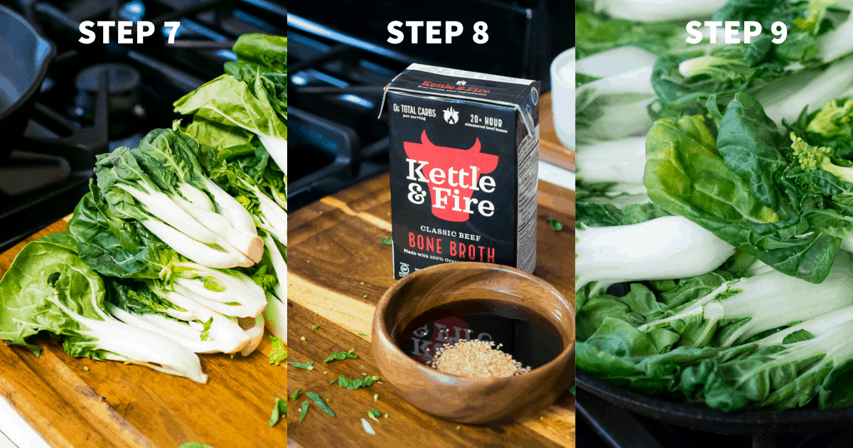 paleo korean beef  steps 7-9
7-stack of bok choy on cutting board
8- kettle&fire bone classic beef bone broth next to small wooden bowl with coconut aminos and sesame seeds 
9-close up of bok choy in skillet