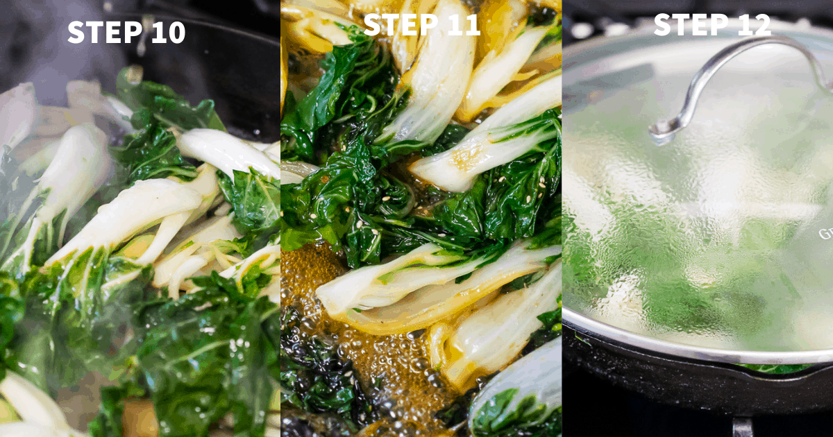 cooking boy choy steps 10-12
10-bok choy wilted and steaming in skillet 
11- close up of simmering oil under bok choy 
12-skilled with bok choy covered by a lid, steam on glass underside of skillet