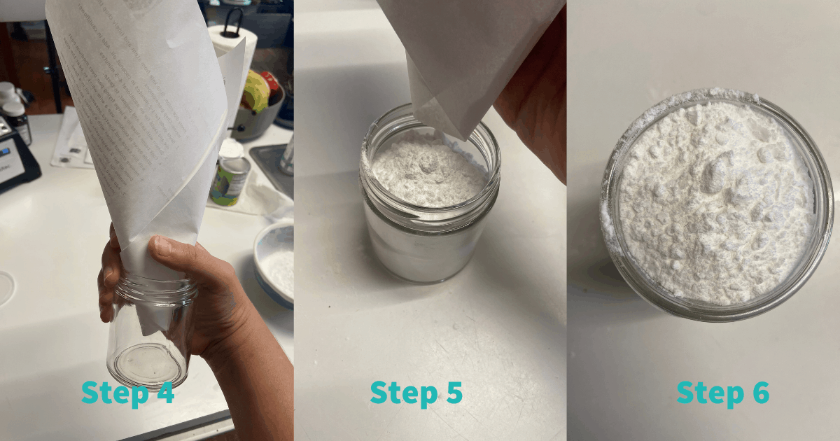 aip baking powder steps 4-6
4- glass jar with paper funnel in it
5- powder going through funnel into jar 
6- glass jar full of aip baking powder