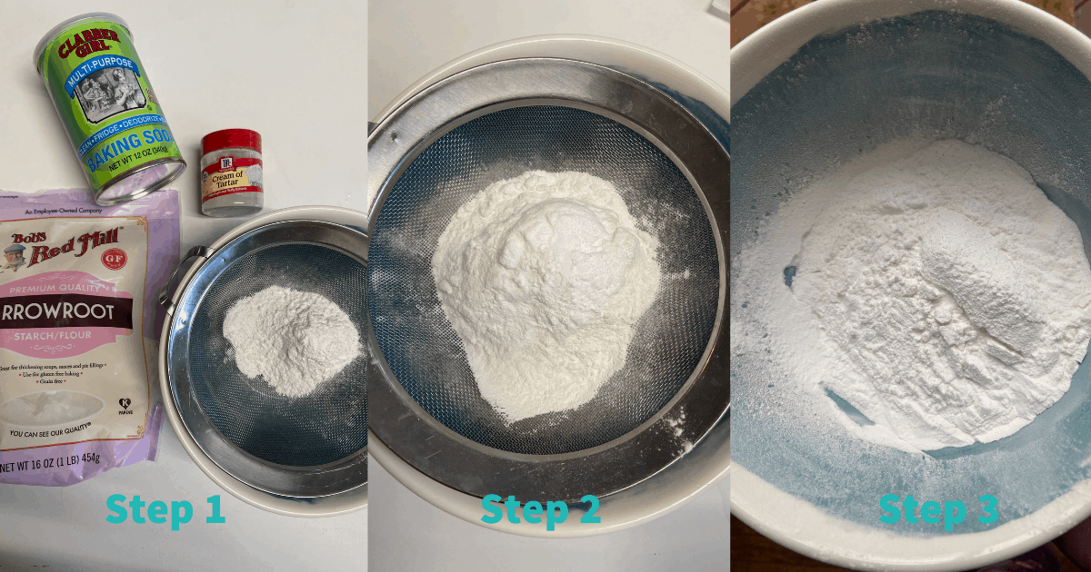 GRAIN FREE AIP BAKING POWDER steps 1-3
1- ingredients laid out on table next to sieve holding powder over bowl
2- fine mesh sieve with powder over a bowl
3- bowl with finished powder