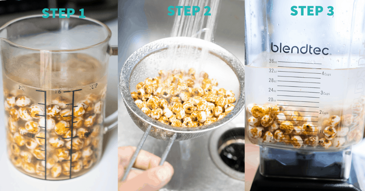 tigernut milk steps 1-3
1- tiger nuts in measuring cup covered by water
2- tiger nuts being rinsed while in small colander 
3- tiger nuts covered in water in blender 