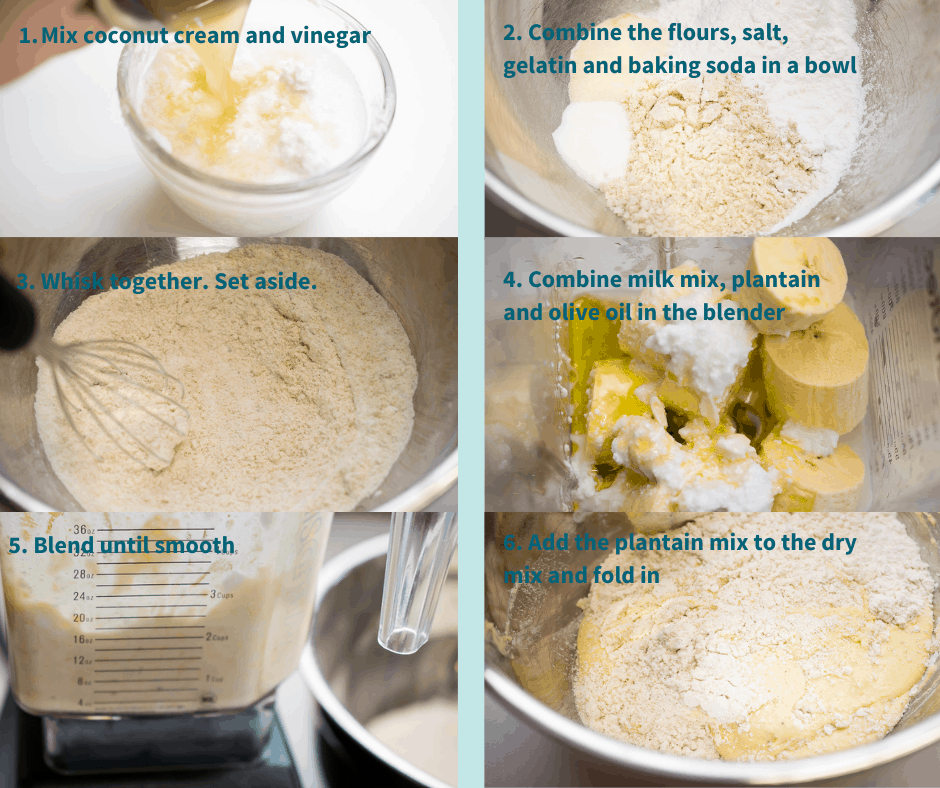 process shot aip bread 
1. mix coconut cream and vinegar
2. combine the flours, salt, gelatin and baking soda in a bowl
3. whisk together, set aside
4. combine milk mix, plantain and olive oil in the blender
5. blend until smooth
6. add the plantain mix to the dry mix and fold in.