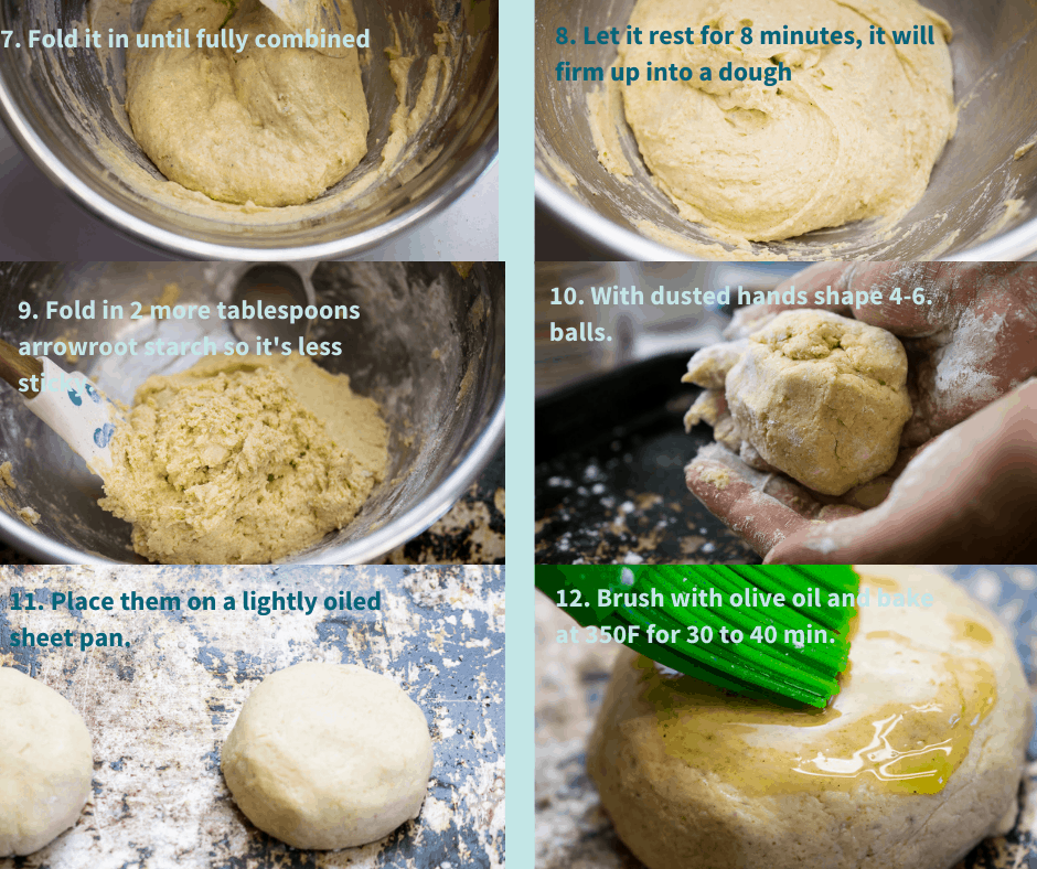 process shot aip bread steps 7-12
7. fold it until fully combined 
8. Let it rest for 8 minutes, it will firm up into a dough
9. fold in 2 more tablespoons arrowroot starch so its less sticky
10. with dusted hands shape 4-6 balls.
11. place them on a lightly oiled sheet pan 
12. brush with olive oil and bake at 350F for 30 to 40 min.