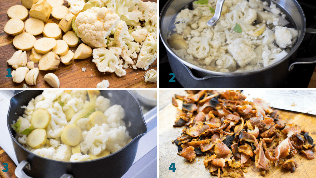 colcannon steps 1 -4
1- image of sweet potato and cauliflower cut up on cutting board 
2-veggies in a pot covered with water 
3- boiled tender veggies in pot 
4- bits of crunchy bacon